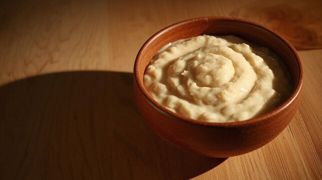 Creamy mashed potatoes in a rustic wooden bowl, side-lit with natural light