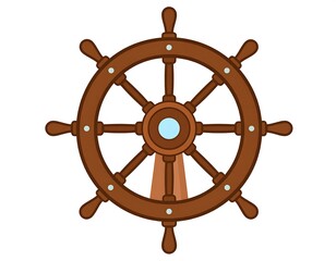 A nautical-themed graphic of a ship's steering wheel in brown tones. The illustration has a simple design against a white background