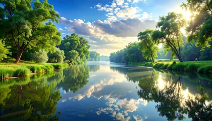 Serene river scene with lush green trees lining the banks, reflecting in the calm water under a bright, sunny sky