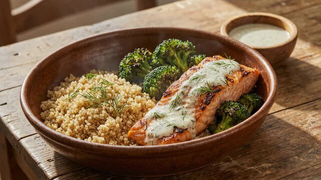 Healthy grilled salmon with quinoa and roasted broccoli topped with creamy dill sauce in rustic bowl