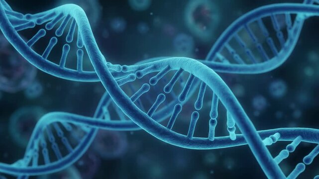 Close up of blue DNA strands with genetic code and molecular biology background