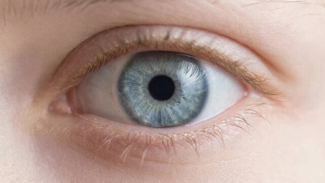 Close up of blue human eye with detailed iris and natural eyelashes in soft lighting