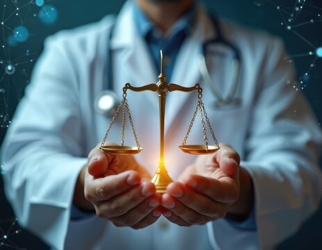 Doctor holds scales of justice. Symbolizes medical ethics fairness integrity and law in healthcare. Concept of healthcare decisions balance and truth.