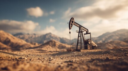 Fototapeta premium Oil Gas industry pumpjack operating in oil field moving on blurred background 