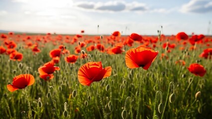 Fototapeta premium A serene field of vibrant red poppies swaying gently in the breeze under a cloudy sky
