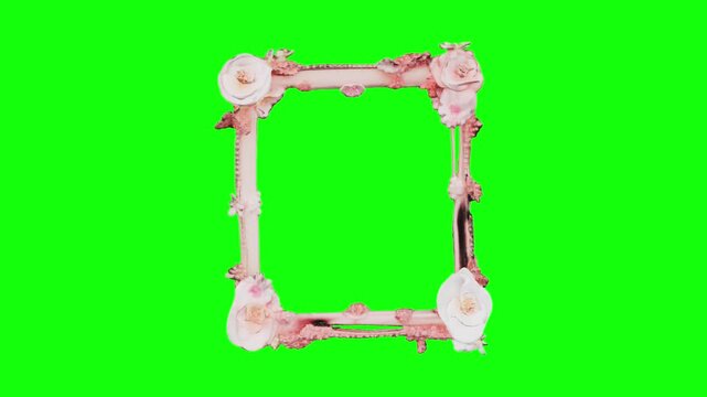 3D Pink retro frame with flowers and patterns and monograms. Vintage frame for Valentine's day animated on green screen background
