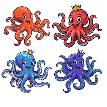 Vector Friendly Octopus Mascot Set with Colorful Tentacles and Royal Crowns