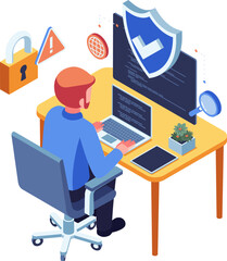 Isometric Businessman Using Laptop with Online Scam Protection