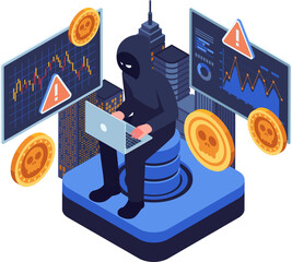 Isometric Hacker Manipulating Cryptocurrency Market