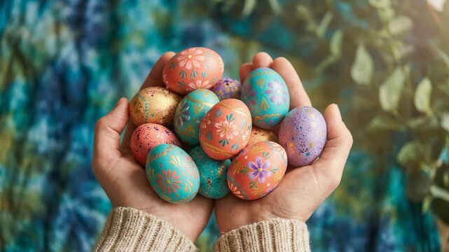 Colorful hand-painted Easter eggs held in hands with floral designs and vibrant spring colors