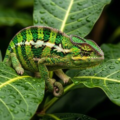 Obraz premium Vibrant green reptile displays intricate patterns while perched on wet foliage