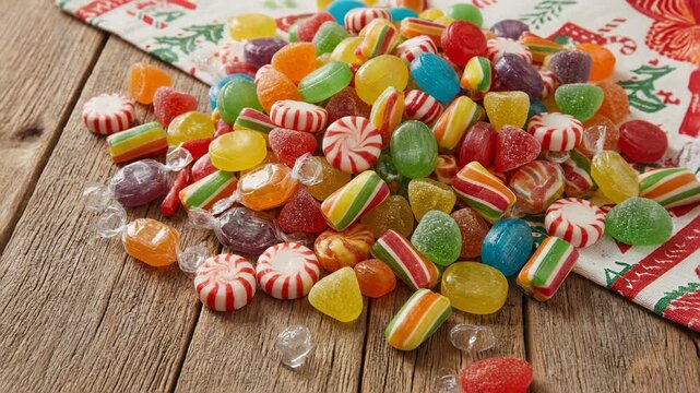 Colorful assorted hard candies and peppermints on rustic wooden table with festive holiday cloth