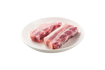 Obraz premium Two thick cuts of raw pork belly meat with visible fat and lean layers presented on a simple white plate against a pure white background