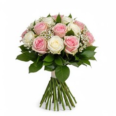 Beautiful bouquet of pink and white roses isolated on white background