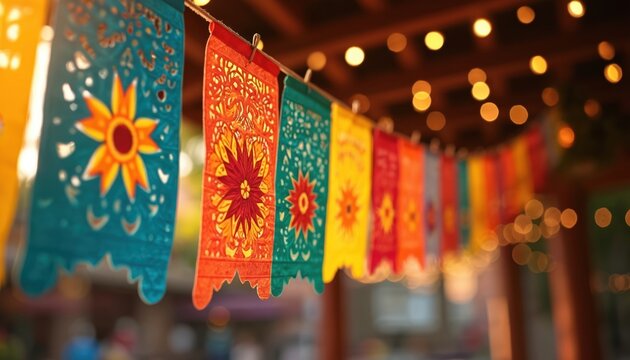 Colorful papel picado flags strung on wire outdoors. Traditional festive banners with intricate cutouts celebrate Mexican heritage. Bokeh lights add warm glow to outdoor party.
