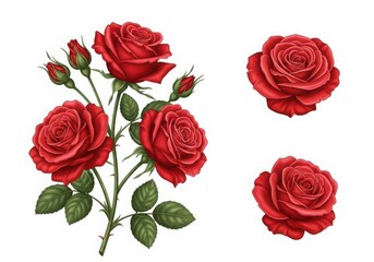 Vibrant red roses with green leaves isolated on white background