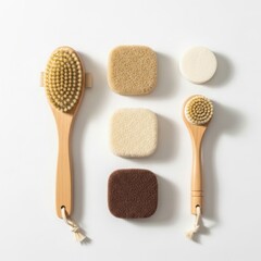 Natural bristle brushes and soap bars isolated on white background