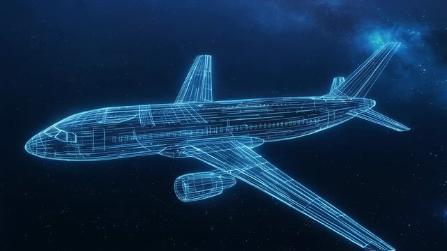 Futuristic digital wireframe airplane flying in space with stars and cosmic background