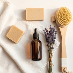 Skincare products and lavender flower isolated on white background