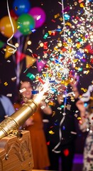 Decorative confetti cannon explodes brightly during a festive social gathering