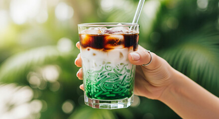 Holding Refreshing Layered Drink with Ice and Straw Outdoors caled Cendol