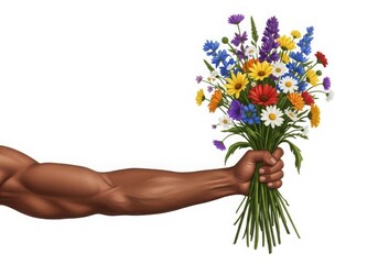 Muscular arm holding colorful bouquet of flowers isolated on white background