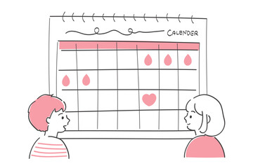 2人でカレンダーを見る妊活中の夫婦｜線画のシンプルでスタイリッシュなイラスト