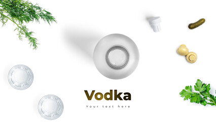 Vodka, glasses and pickles on a white background. Long header banner format. Panorama website header banner. High quality photo