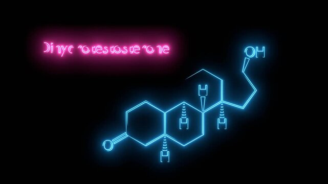 Dihydrotestosterone DHT molecular structure. Androstanolone, stanolone hormone skeletal chemical formula. Skeletal formula. Neon glowing.