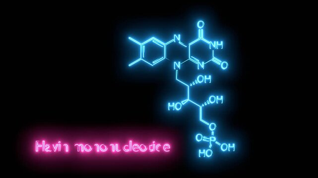 Chemical formula of flavin mononucleotide. Skeletal formula. E101a food additive. Neon glowing.