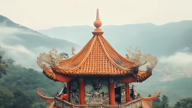 Ornate tiered pagoda against a misty, mountainous backdrop