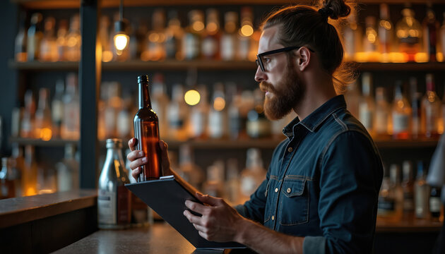 Man with glasses and beard checks bottle inventory on clipboard. Bartender works behind bar shelves stocked with spirits and liquor. Nightclub staff manages stock, prepares for service in pub.