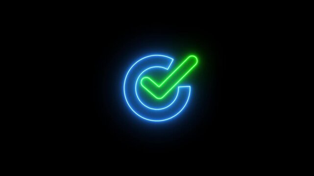 Animation of check mark icon background. Neon Tick mark icon seamless loop.Glowing neon line Tick mark or confirm icon animation.Minimal neon Check Mark icon on black background. 4k video