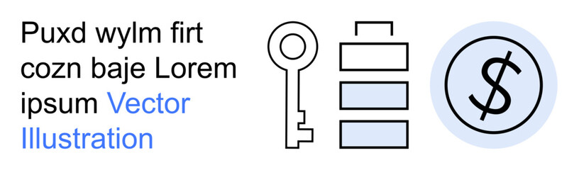 Obraz premium Data security, financial planning, access control, digital transactions, business strategy, technology concepts. Image shows a key, stacked rectangles and a dollar sign symbol. Data security