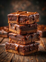 Rich, fudgy brownies with gooey chocolate ganache atop a stack of decadent treats