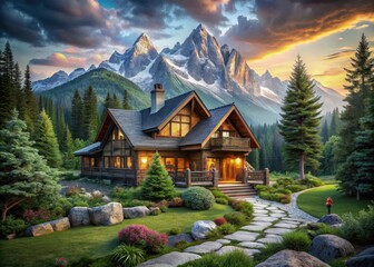 Cozy mountain retreat with rustic elegance, surrounded by lush greenery and towering peaks