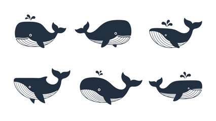 Obraz premium Cute cartoon whale vector set with water spouts. Marine animal icons collection on white background.