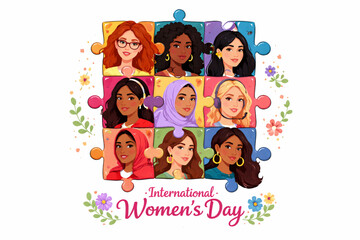 Diverse women celebrated on International Women's Day puzzle pieces with floral accents