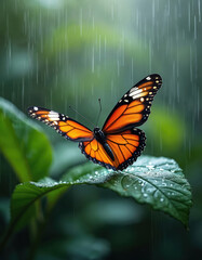 Obraz premium Orange monarch butterfly rests on wet green leaf. Rain falls softly on plant foliage. Insect wings show detailed patterns. Nature scene with water droplets.