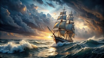 Fototapeta premium Title A majestic sailboat battles the fury of a turbulent sea
