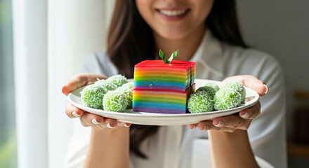 Woman Holding Colorful Layer Cake and Coconut Balls on a Plate called Klepon