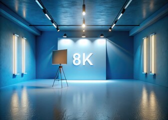 Focused light illuminates a blank canvas in a minimalist blue studio space