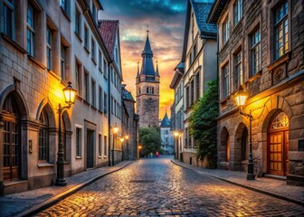 Obraz premium Historic cobblestone street leads to majestic Gothic tower in a charming European cityscape at dusk