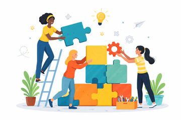 Diverse team collaborating to build a complex puzzle, symbolizing teamwork and problem-solving