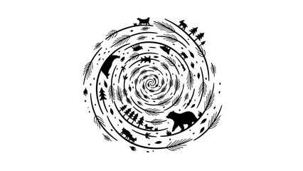 Fototapeta premium Stylized black and white illustration of a spiral filled with forest elements and animals