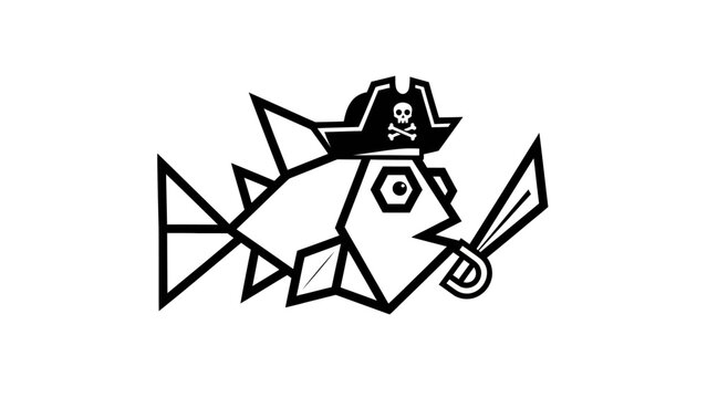 Geometric Fish Pirate with Eye Patch and Sword Vector Illustration Icon Design