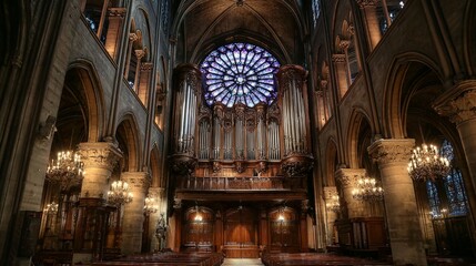 Obraz premium Romantic French pipe organ from the 20th century in Notre-Dame cathedral interior with large colorful rose window in background, historical architecture and intricate details