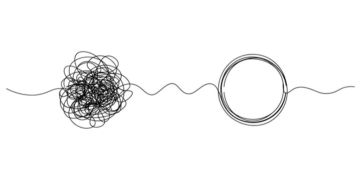 Conceptual illustration of a messy scribble untangling into a perfect circle representing clarity. Vector, illustration