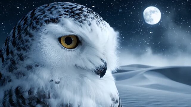 Closeup of Majestic Snowy Owl on Icy Night under Full Moon