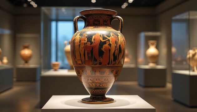 Ancient Greek amphora with red figure painting displays myths in museum hall. This ceramic artifact showcases classical art and history on offering cultural insight. It is a priceless relic.